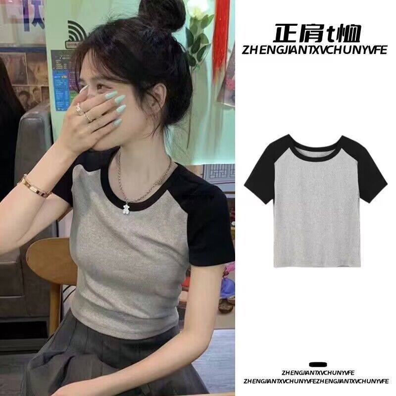 Design sense niche round neck short-sleeved t-shirt women's summer ins tide oversize short high waist exposed navel slim body clothes