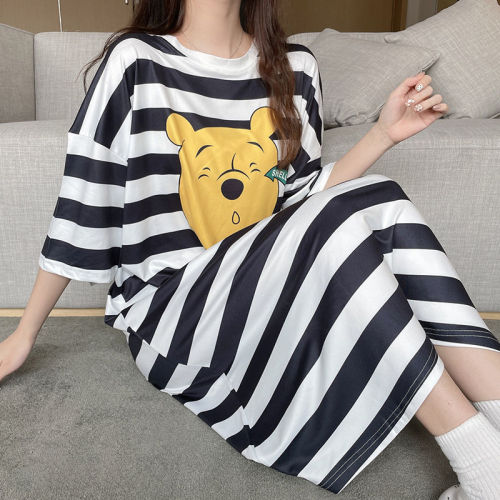 Cartoon nightdress summer women's pure cotton short-sleeved loose large size one-piece pajamas summer long section cute outerwear home service