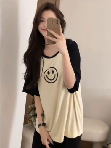Modal pajamas women's summer short-sleeved trousers hit color smiley Korean version loose thin section spring and autumn home service suit