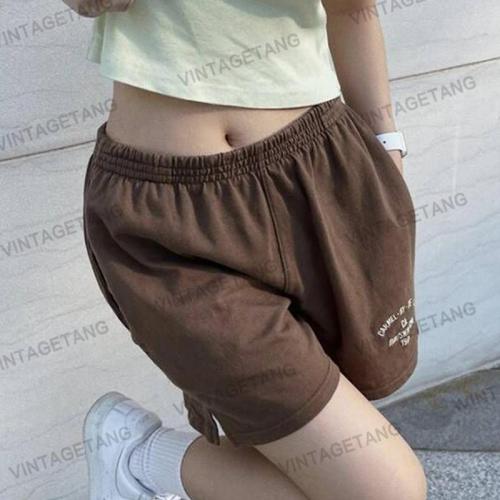 American new retro brown embroidery all-match casual summer shorts women's loose sports high waist white five-point pants