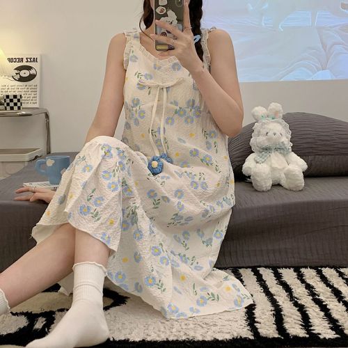 Women's summer pure cotton lace nightdress with chest pad and lace temperament sweet and loose mid-length mid-length home clothes
