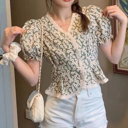 Puff sleeve chiffon shirt female design sense niche new summer French retro Hong Kong style short-sleeved top female