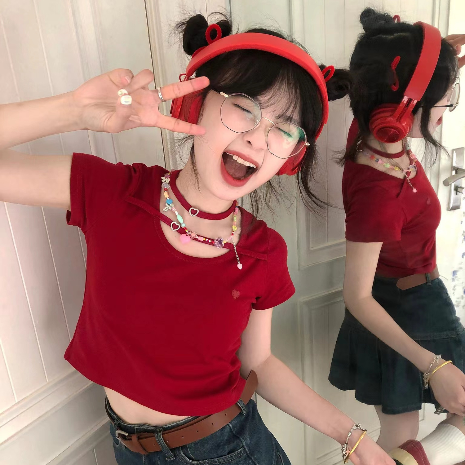 The red is very white!!! [Short top] Pure desire wind student short-sleeved t-shirt female INS Korean version hot girl top