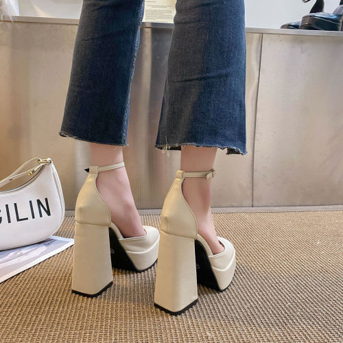 Mary Jane high-heeled shoes women's  spring and summer new all-match heightening single shoes square heel 12cm super high-heeled sandals