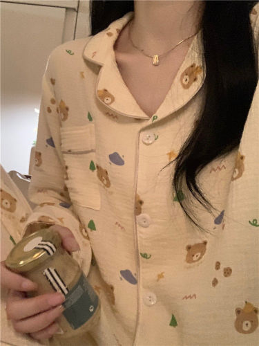 Pure cotton gauze ins spring and autumn pajamas female long-sleeved trousers cartoon cloud bear thin cardigan home service suit