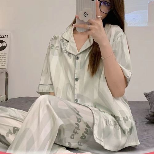 Short-sleeved trousers  new pajamas women's summer ice silk cool high-value ins wind can go out summer suit