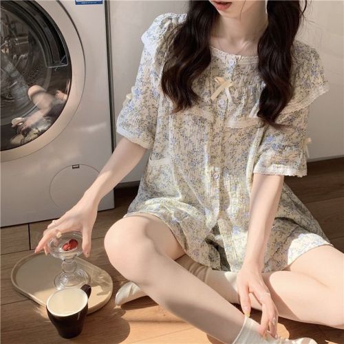 Lace floral pure desire net red wind student short-sleeved women's suit simple pajamas women's summer home service summer summer