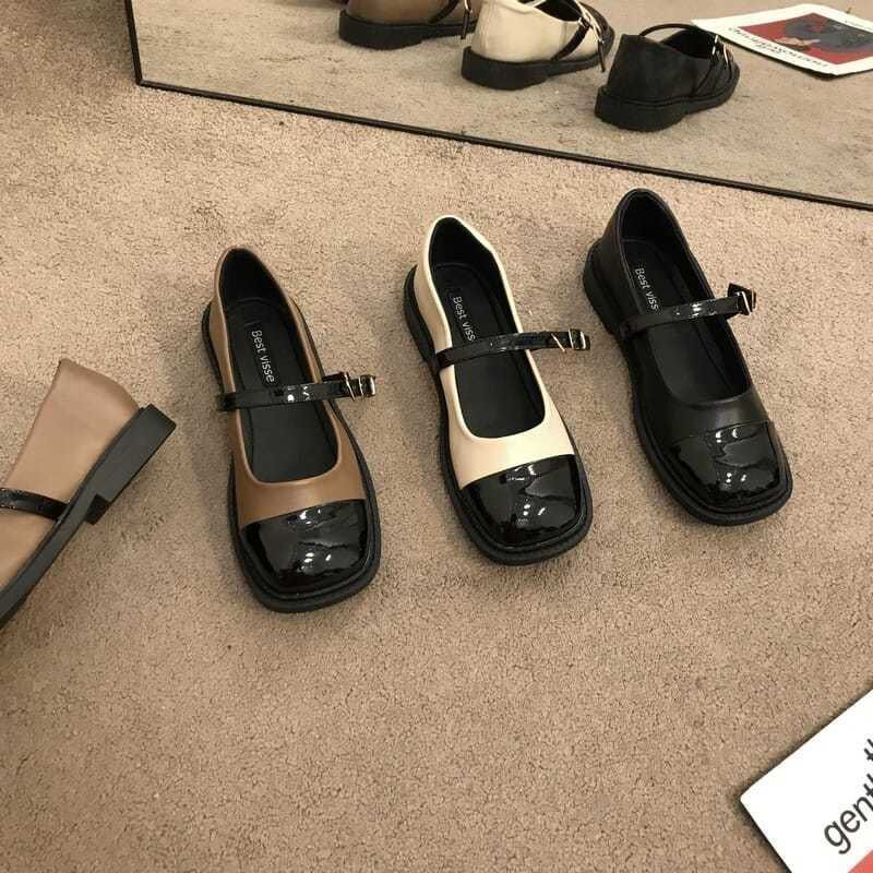 2023 new Mary Jane small leather shoes black and white stitching spring women's shoes thin section thick heel small fragrant style low heel single shoes women