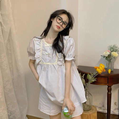 Japanese sweet ins style cute plaid pajamas women's summer day short-sleeved shorts home service two-piece suit summer