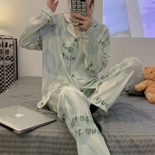 New ins long-sleeved pajamas women's spring and autumn thin section ice silk high-level sense net red cute student imitation silk suit