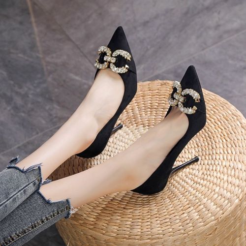 Rhinestone black suede sexy high-heeled shoes stiletto 2023 new pointed toe temperament design sense French single shoes women