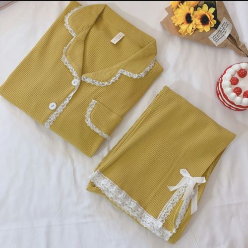 Cotton pajamas women's spring and autumn long-sleeved cardigan thin section sweet student Korean style lace lace autumn and winter two-piece suit