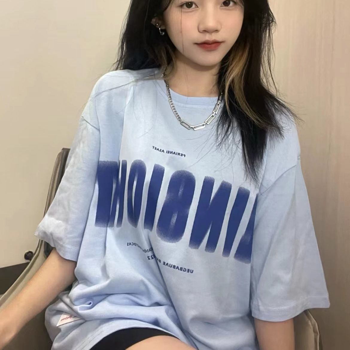 Vintage milk blue short-sleeved t-shirt women's summer new Korean version oversize loose all-match clothes ins