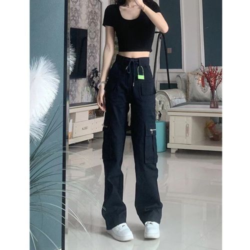 American style high waist straight loose loose hot girl summer Korean version black all-match high street tooling multi-pocket jeans women's fashion