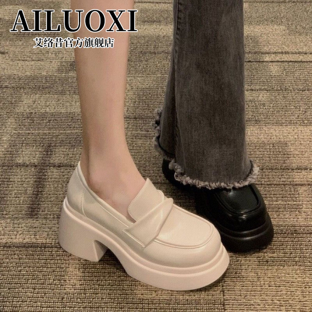 French Hepburn style small leather shoes 2023 new white thick heel thick bottom retro all-match British slip-on loafers