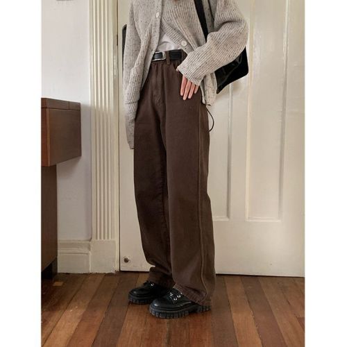 Retro brown straight jeans women's spring and autumn women's all-match washable old straight high waist mopping pants trendy ins