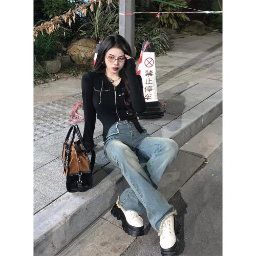 American style high street micro trumpet blue jeans women's spring and autumn high waist slim wide legs straight tube embroidery raw edge horseshoe pants