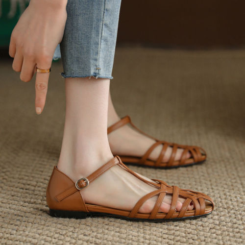 summer Bohemia retro one-word buckle with Baotou braided sandals women's flat low-heeled hollow Roman shoes