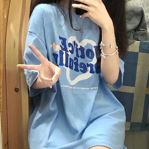Harajuku style short-sleeved t-shirt summer blue ins tide brand loose Korean version design sense niche tops couple t-shirts