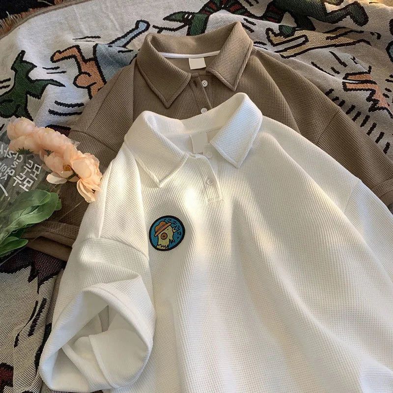 American retro waffle polo shirt short-sleeved t-shirt women's summer loose tide ins Japanese college style half-sleeved top
