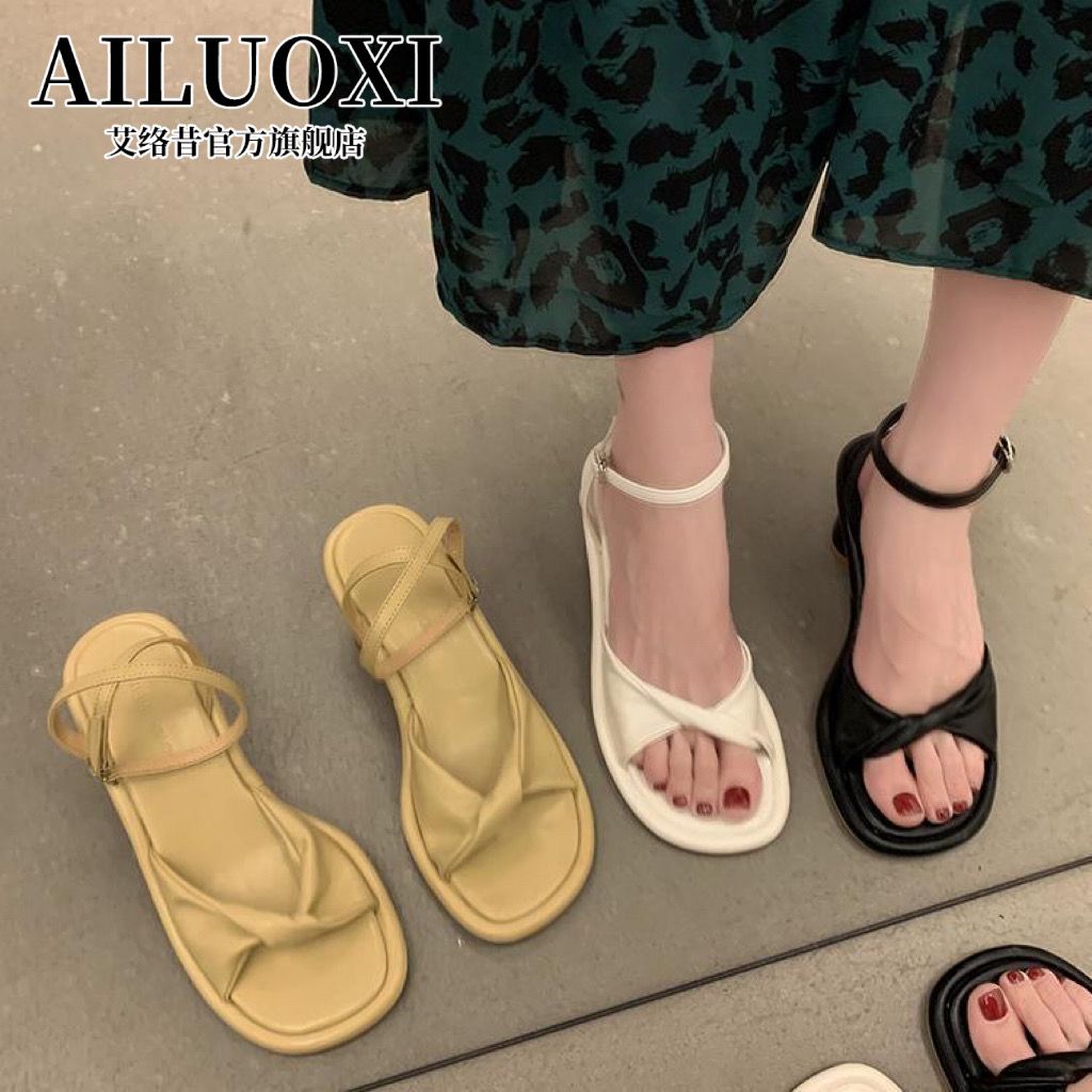 Summer women's Roman sandals 2023 fashion new open-toed one-word buckle shoes women's thick heel mid-heel hollow shoes