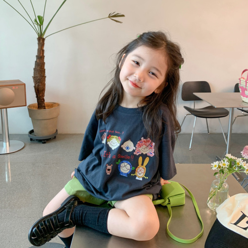 Korean version of girls' all-match short-sleeved T-shirt summer children's clothing cute cartoon printed tops children's casual loose cotton t-shirt