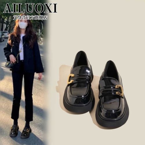 2023 new British style small leather shoes women's single shoes thick-soled loafers black shoes all-match student leather shoes bright surface