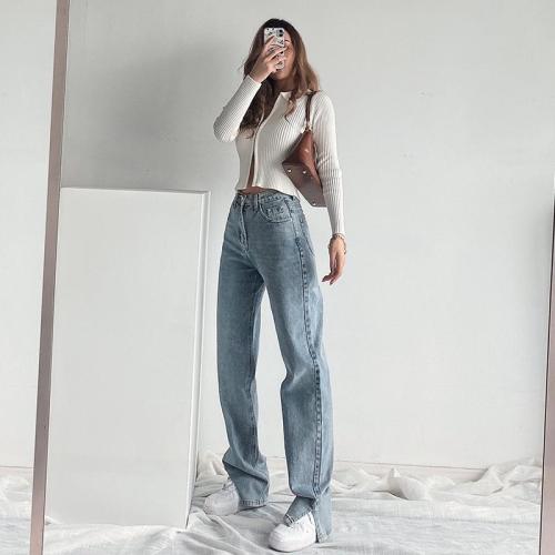 European and American high waist thin straight jeans women's  spring and autumn new retro all-match slim slit mopping trousers