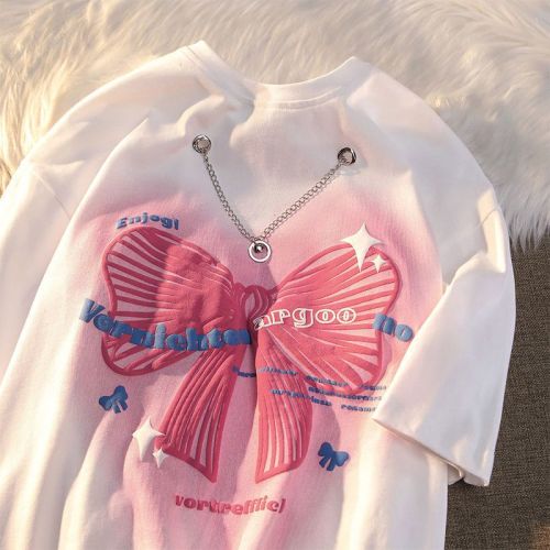 Sweet and cool bowknot necklace design short-sleeved T-shirt men's summer all-match couple niche half-sleeves