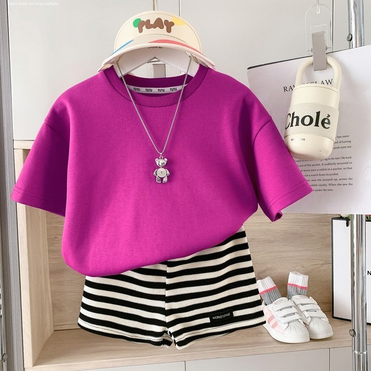 Children's clothing girls' suit 2023 new Korean version of pure cotton t foreign style short-sleeved top children's casual shorts two-piece set