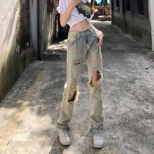Spring and summer hot girls ripped straight jeans female vibe high waist high street tide ins beggar personality hiphop fried street