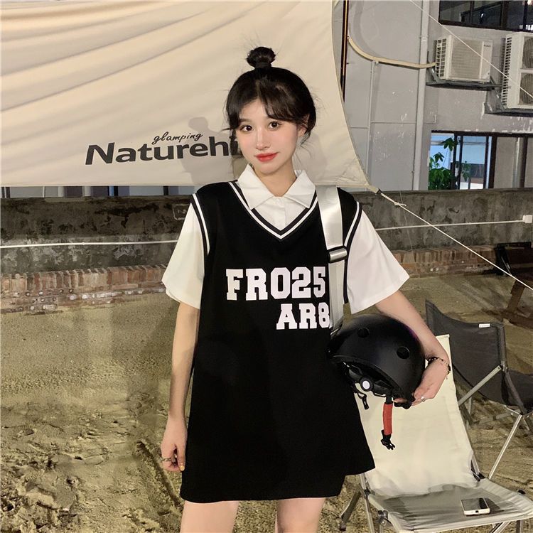 Summer college style polo shirt design feeling niche female loose fake two-piece basketball uniform top short-sleeved thin T-shirt