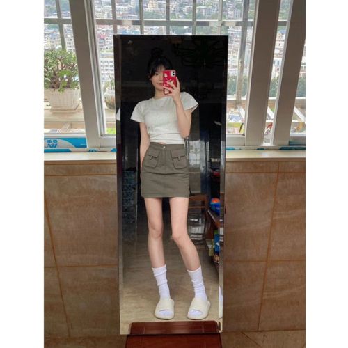 Summer new denim skirt female retro front pocket lined gray green tooling skirt slim high waist