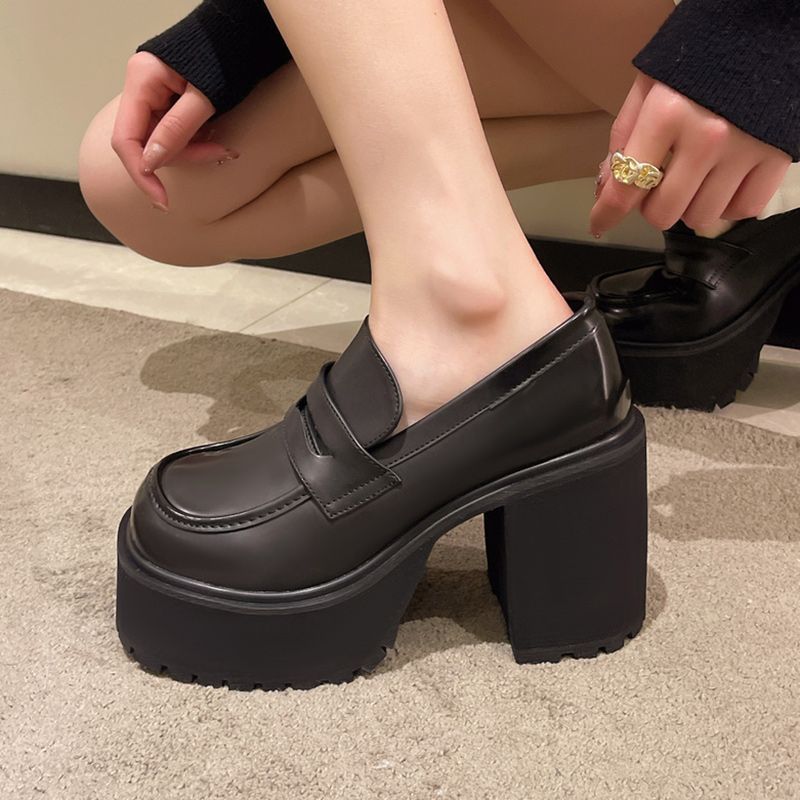 8cm high-heeled shoes women's thick-heeled waterproof platform thick-soled small loafers small leather shoes French niche work shoes