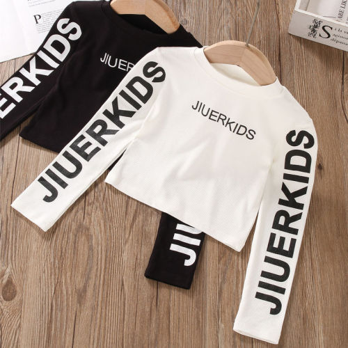Girls long-sleeved t-shirt spring and autumn high waist foreign style small shirt slim black and white bottoming shirt children's navel cropped top