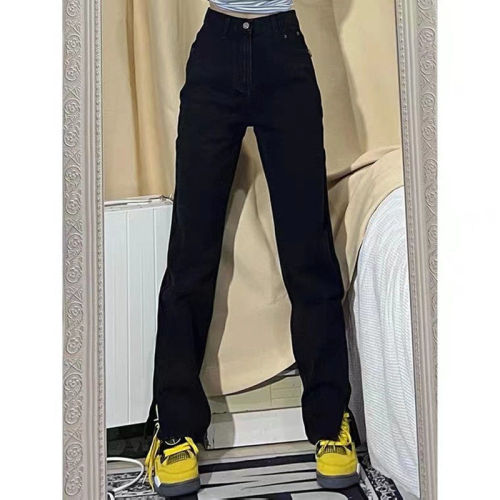 Black slit jeans women's spring and autumn  new loose bf high waist slim split fork straight mopping pants