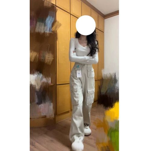 Sandy white overalls women's casual denim trousers spring and summer high waist slimming vertical straight wide leg mopping pants ins