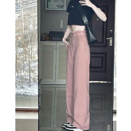 Spring and Autumn New Dirty Pink Straight Leg High Waist Jeans Female Retro Double Button Raw Edge Loose Wide Leg Drape Mopping Pants