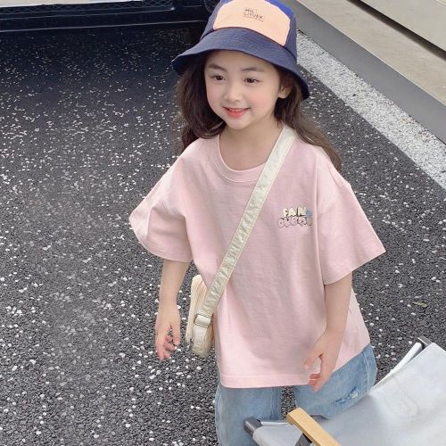 Girls' short-sleeved T-shirt 2023 summer new children's cotton bottoming shirt with foreign style printing loose casual top trend