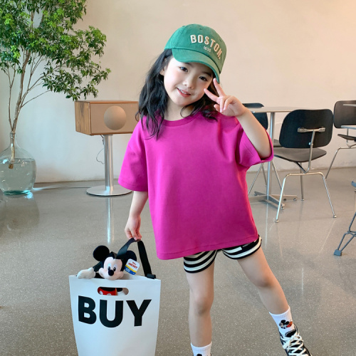 Girls short-sleeved t-shirt summer foreign style children's new cotton bottoming shirt children's clothing basic solid color loose top