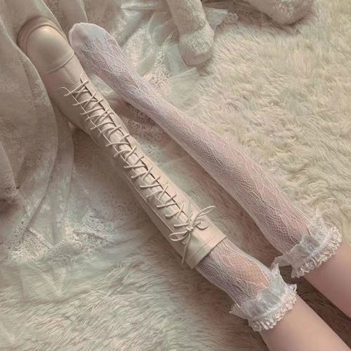 Calf socks women's lace lace white over-the-knee Lolita mid-tube stockings thin section half-cut high tube summer jk black