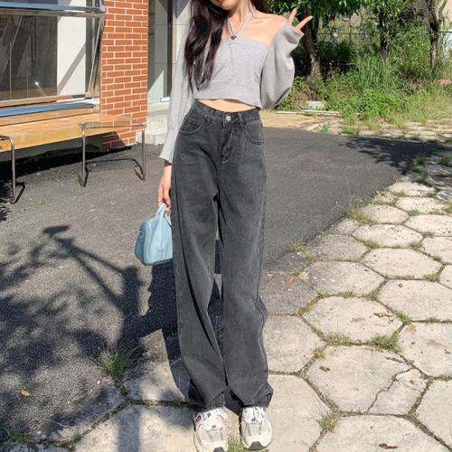 Black jeans women's spring 2023 new high-waisted Korean version loose and slim straight-leg mopping wide-leg pants ins