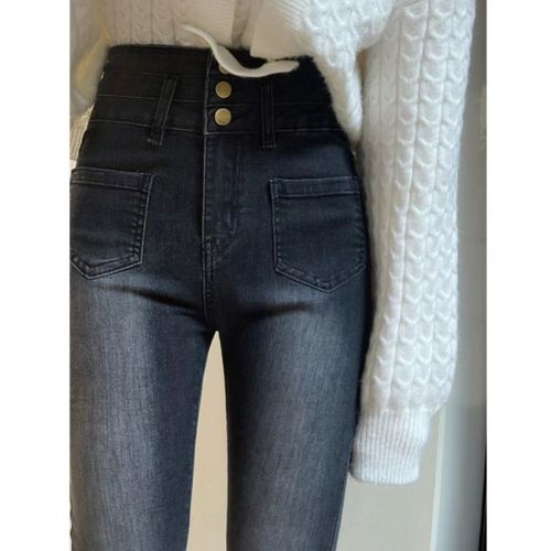 Retro black gray three-button high-waist flared jeans women's spring and autumn  new niche design slim horseshoe pants