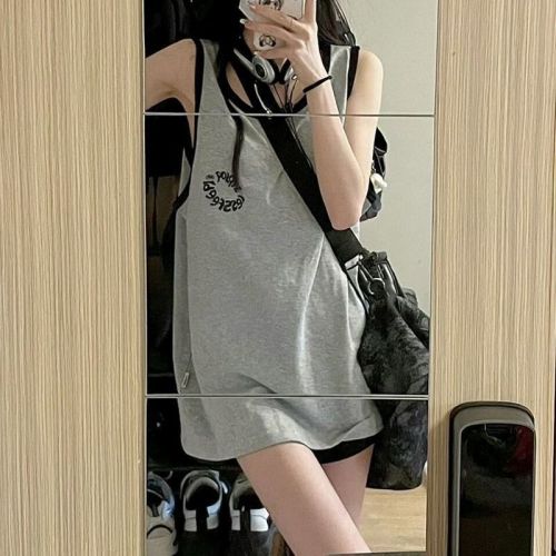American retro sweet and spicy sleeveless t-shirt women's summer camisole loose outer wear oversize mid-length top