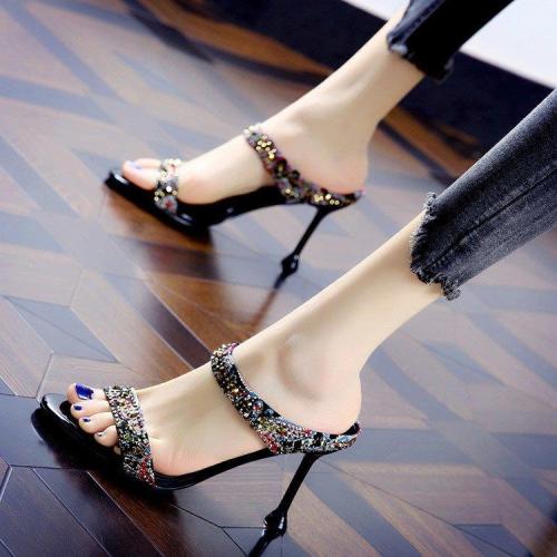 High-heeled slippers women's summer  new Korean version of rhinestone sandals for outer wear without heel one word and a half drag sandals fine heel