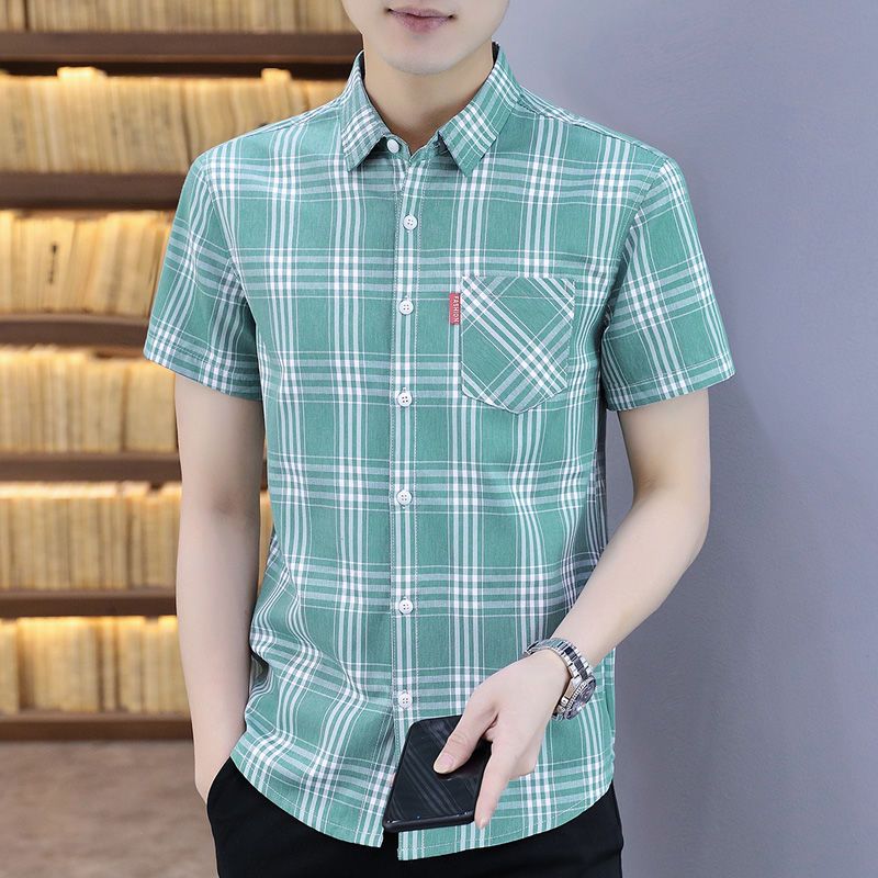 Men's Summer Plaid Shirt Short Sleeve 2022 New Korean Style Trendy Shirt Thin Section Youth Inch Shirt Free Ironing