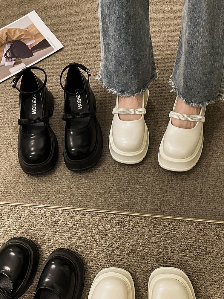 French Mary Jane small leather shoes women's thick heel thick bottom 2023 spring new retro hundred matching skirt heightening shoes