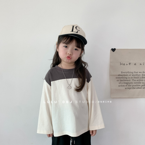 Girls' long-sleeved T-shirt 2023 children's spring and autumn Korean style splicing and contrast color children's pure cotton casual loose top