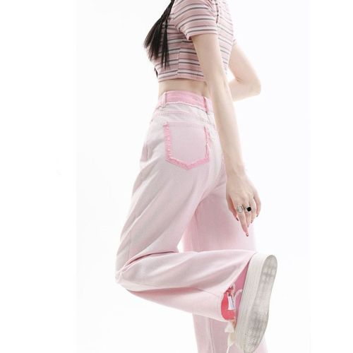 Pink jeans women's spring and summer  new wide-leg pants high waist loose slim straight pear-shaped body pants