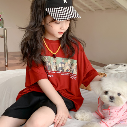 Children's Korean style foreign style T-shirt 2023 summer new girls' short-sleeved tops little girls loose bottoming shirt cotton T
